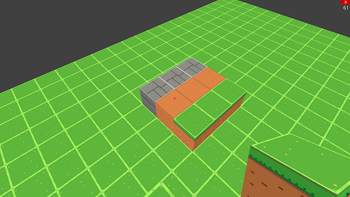 screenshot showing three different block types. Grass, dirt and stone